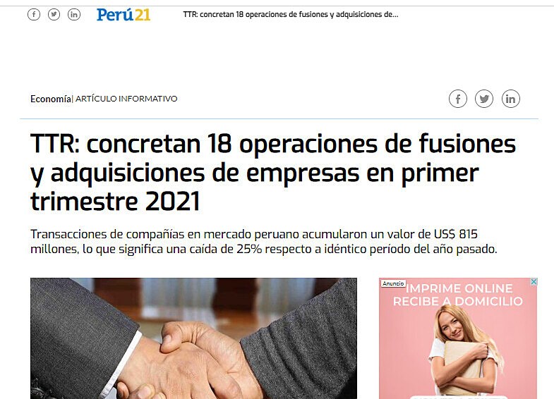 TTR: concretan 18 operaciones de fusiones y adquisiciones de empresas en primer trimestre 2021